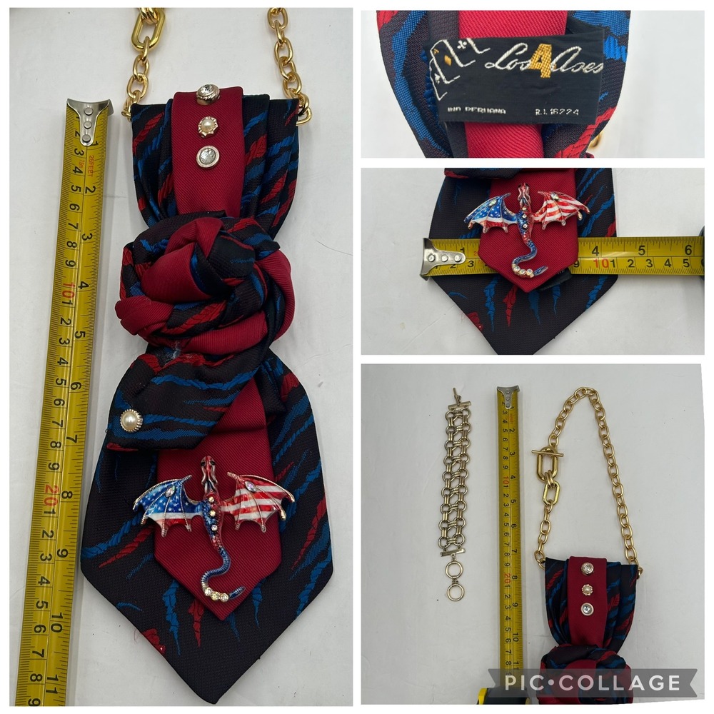 Los 4 Ases Repurposed Tie Necklace Bracelet Set Patriotic American Flag Dragon - Picture 5 of 10